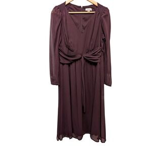 Calvin‎ Klein Purple V-Neck Midi Dress Chiffon Mesh Long Sleeve Party Wedding 14